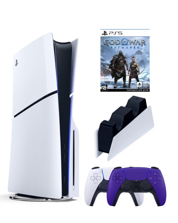 Приставка Sony Playstation 5 slim 1 Tb+2-ой геймпад(пурпурный)+зарядное+God of War